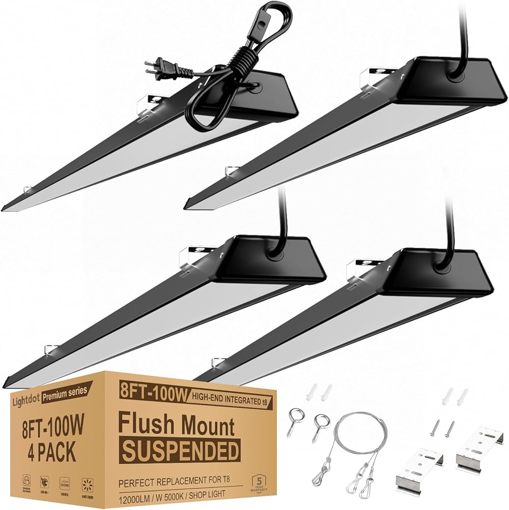 Compact Black 8FT LED Shop Light, 100W[Eqv. to 400W HPS/WH] LED Shop Light 8FT with 5FT Cord Switch Surface/Suspension Mount Commercial Lighting for Workshop Energy-Saving up to 3650W/5Y(5hrs/Day) 4P
