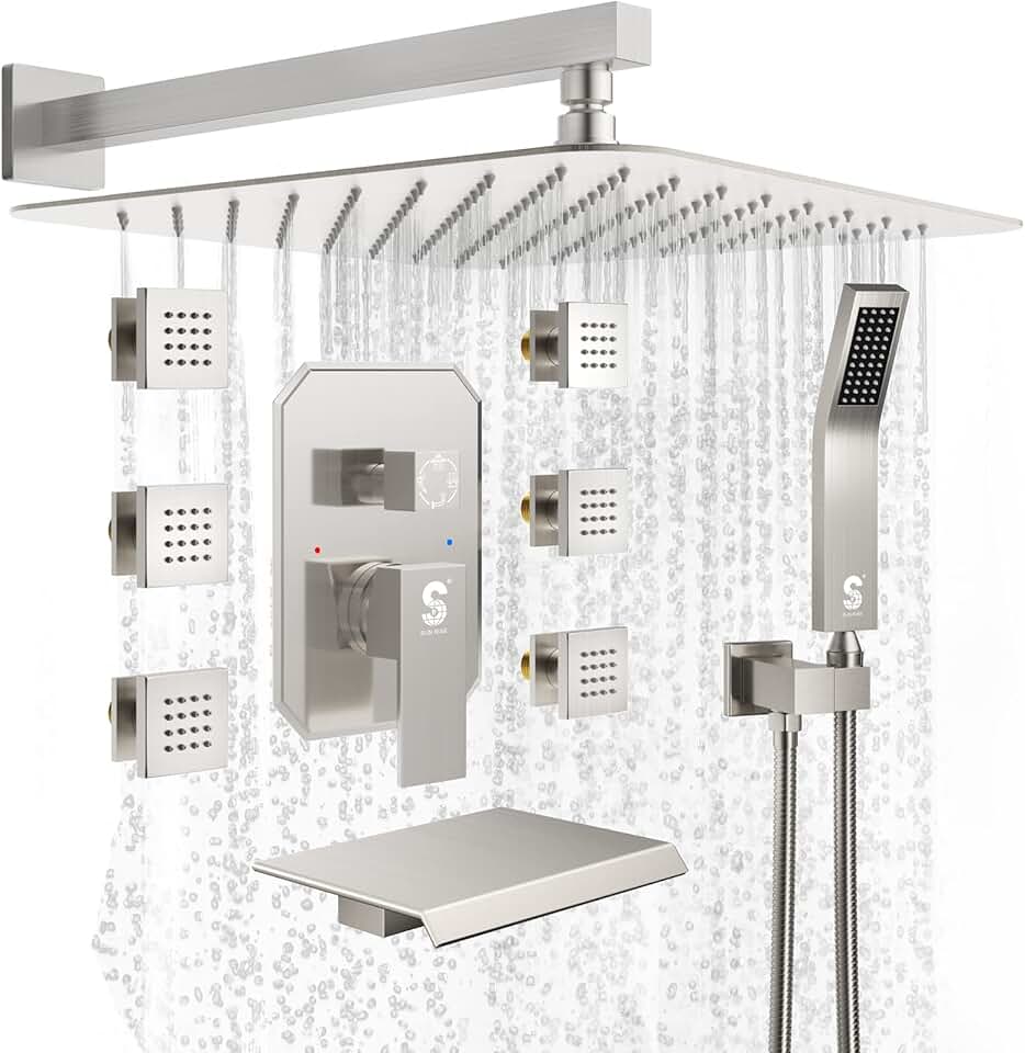 Waist Massage Spray Shower System with 6 Body Jets and Tub Spout, 16'' Full Body Bathtub Shower System with Shower Jet, Wall Mounted Rain Shower and Handheld Shower Faucet Set Complete, Brushed Nickel