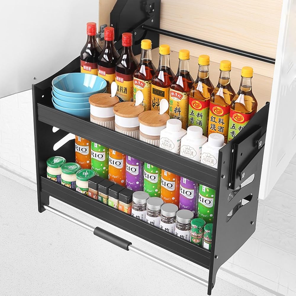 2-Tier Kitchen Top Shelf Pull Down Cabinet Organizer, Adjustable Lift Upper Cabinet for Space-Saving, Convenient Dish and Spice Rack System for High Kitchen Cabinet (Size : 18.1