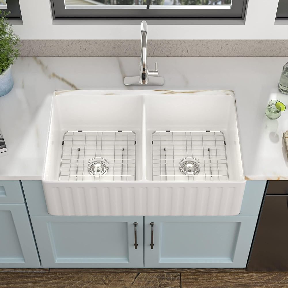 33 White Farm Sink Double Bowl - Fulorni 33