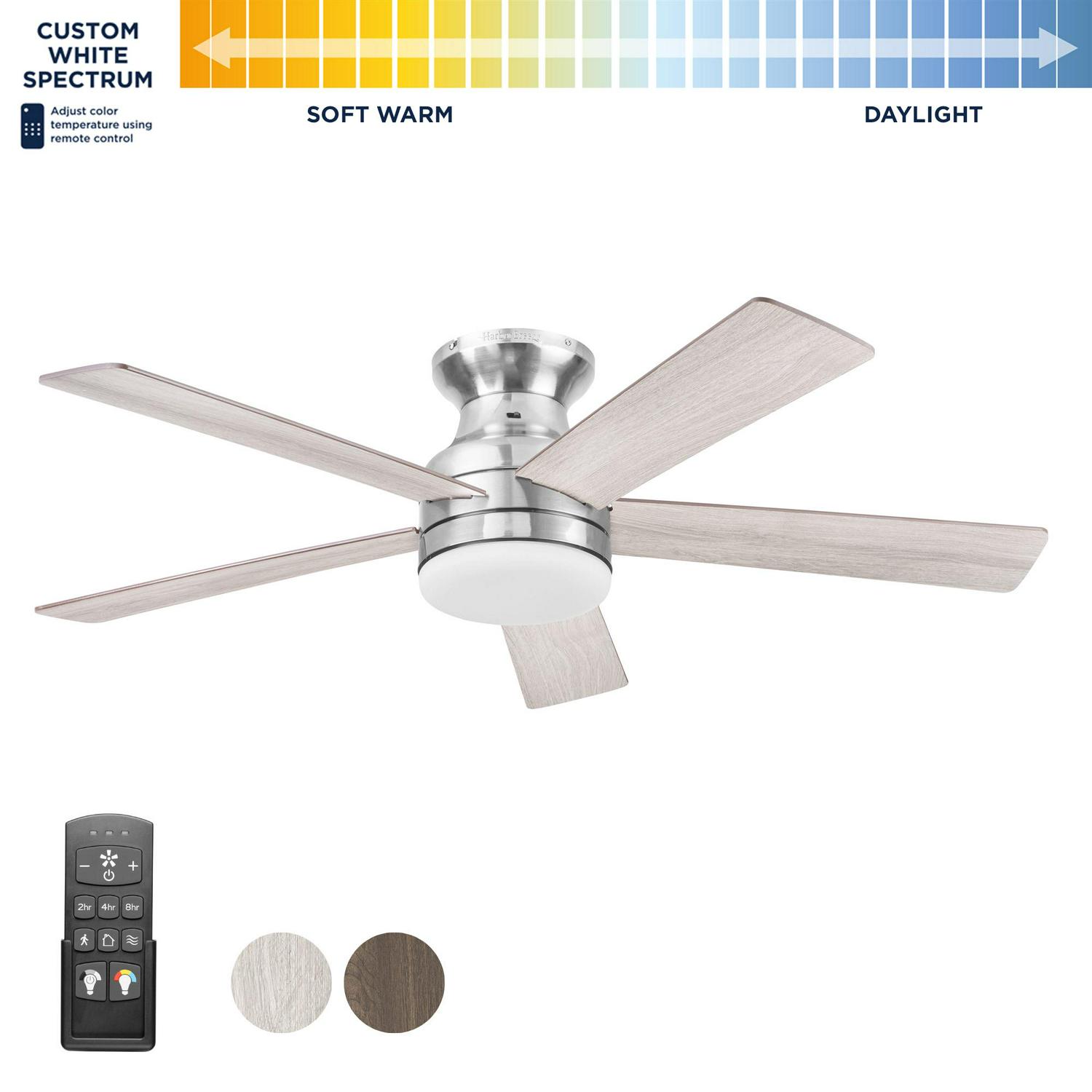 Harbor Breeze Crestwell 52-in Brushed Nickel Color-changing Indoor Flush Mount Ceiling Fan with Light and Remote (5-Blade)