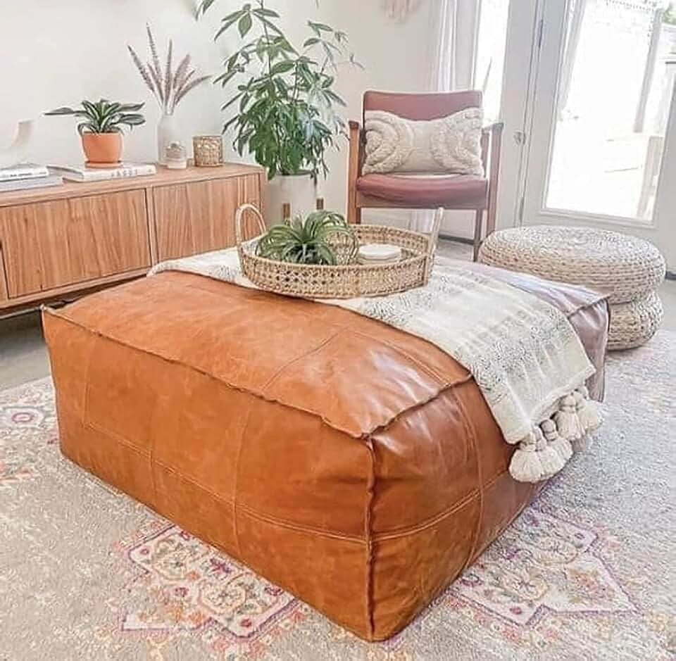 Pouf Cover - Rectangle Large Ottoman Leather Cover Pouf - Bohemian Living Room Decor Vegan-Friendly Pouf- Hassock & Ottoman Footstool - Unstuffed (50 x 50 x 18 inches)