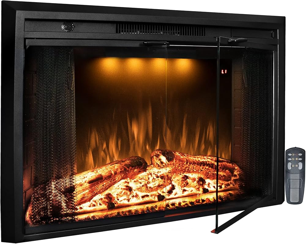 Benrocks 33” Electric Fireplace Inserts with Glass Door and Mesh Screen, Multicolor Flames & Fire Crackling Sounds, Timer, Overheating Protection Fireplace Heater, 750/1500W