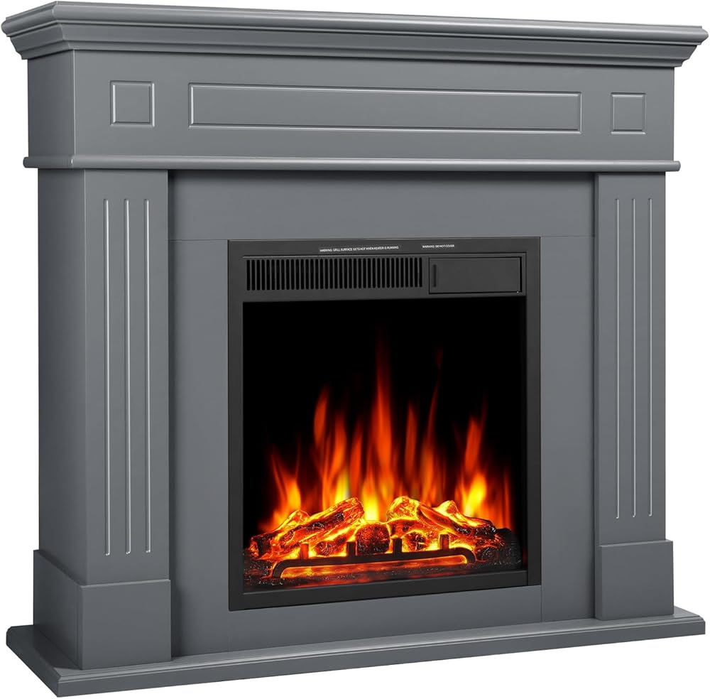ZAFRO 43''Electric Fireplace with Realistic LED Flame,Freestanding Wooden Fireplace with Remote Control,Overheat Protection,750W-1500W,Gray