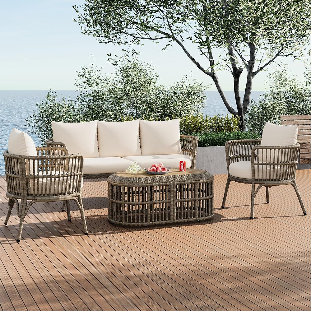 TREXM 4-Piece Rattan Outdoor Patio Conversation Set with Seating Set for 5 and Coffee Table for Porch, Backyard and Garden (Brown Grey)