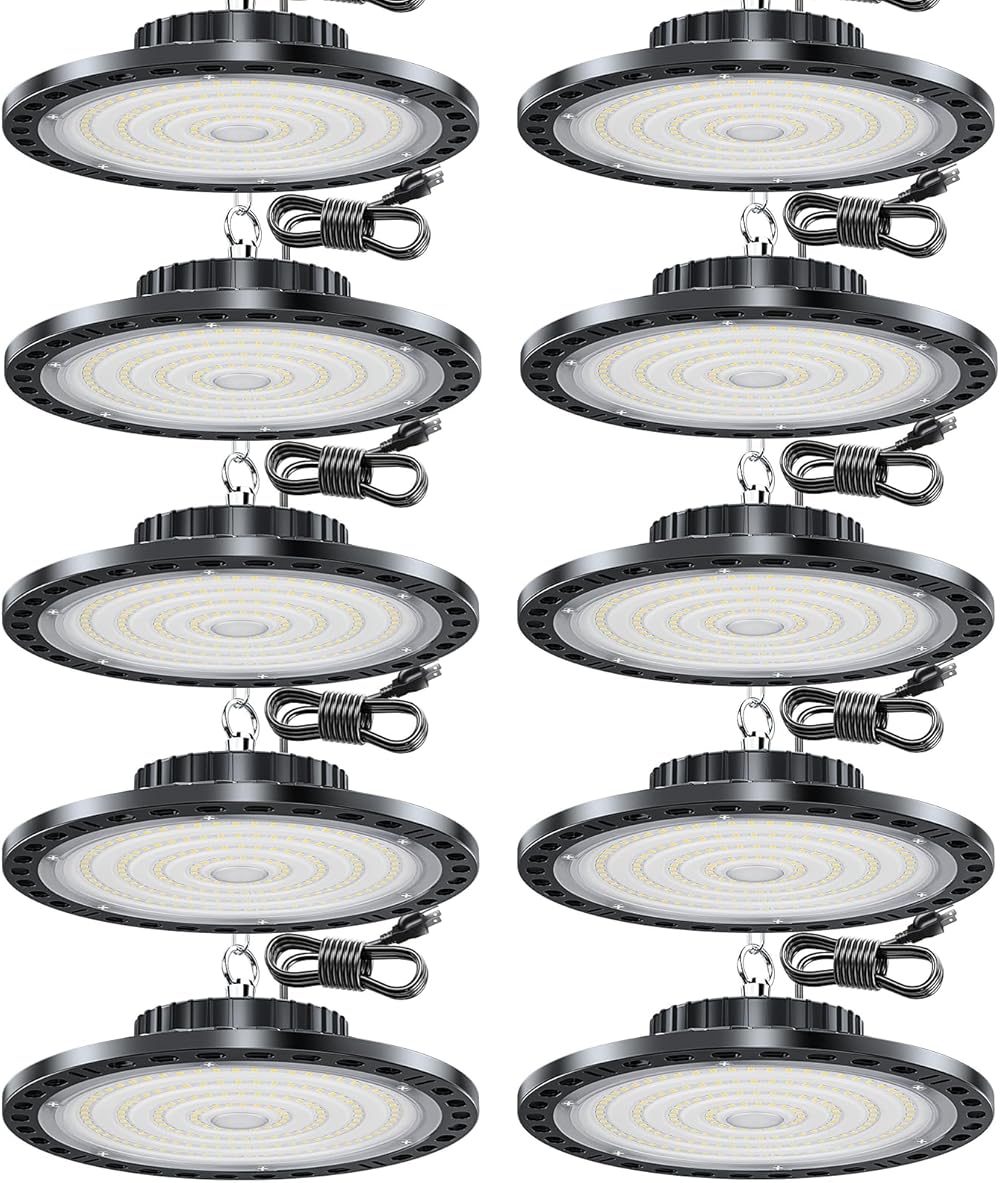 UFO Led High Bay Light 10 pack, 100W 15000lm 7000K Daylight High Bay Led Lights with 110V Plug 6.56' Cable Hanging Hook Safe Rope, Led High Bay Lights for Gym Barn Warehouse Lighting