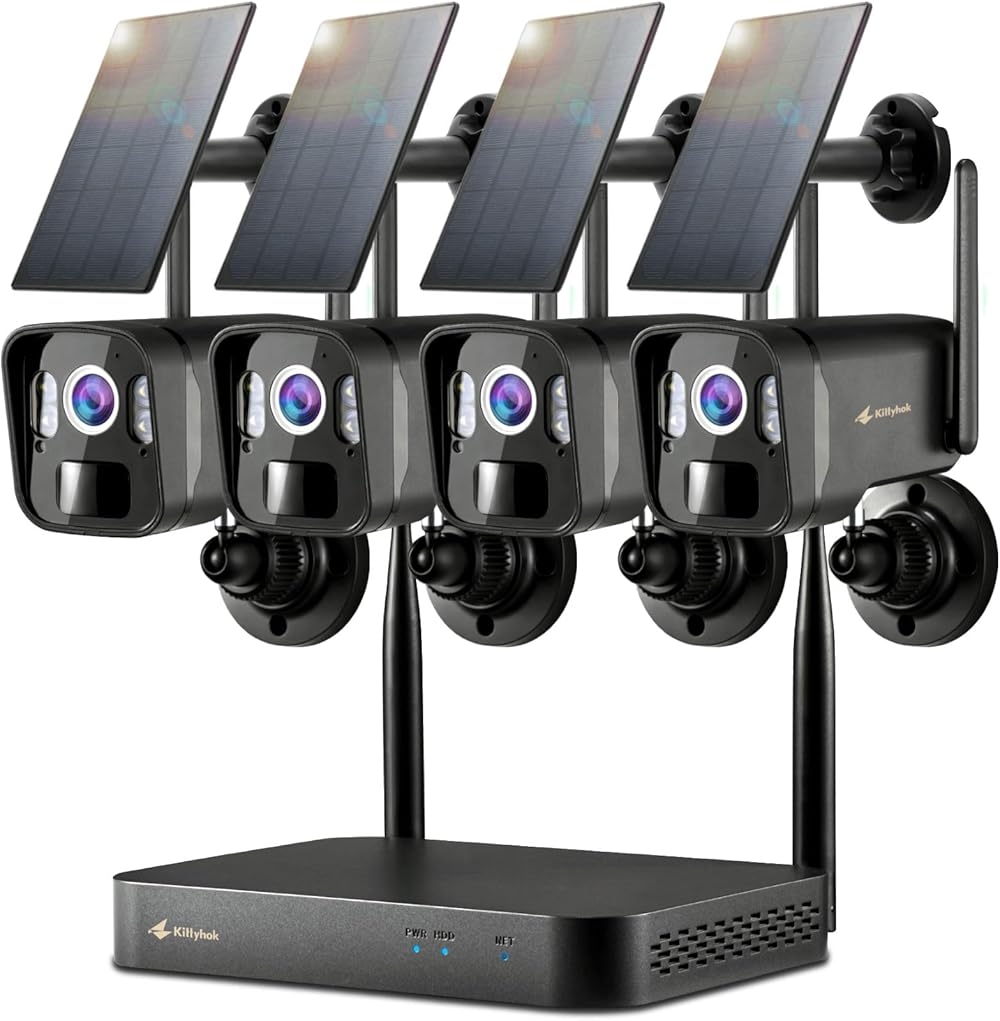 Kittyhok Solar Security Cameras Wireless Outdoor System | 4pcs 2K Ultr HD Pan Tilt Home Solar Security Camera with Human Detection, Spotlight | 10CH Smart NVR, 60 Days Local Storage (Black PT Kit)