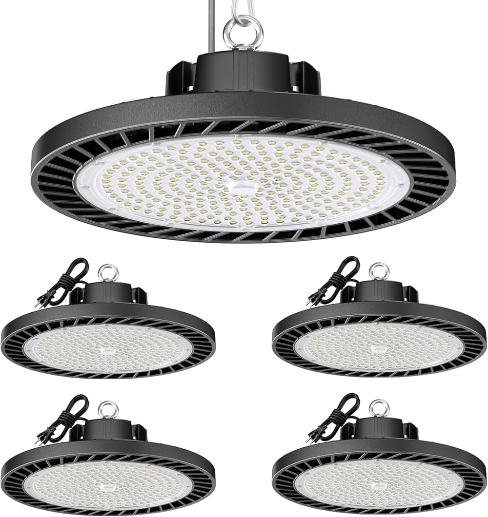 4Pack LED High Bay Light 200W 30000LM commercial lighting products, 100-277V 6000K with Plug, Led shop lighting for Garage Barn Gyms workshop lighting