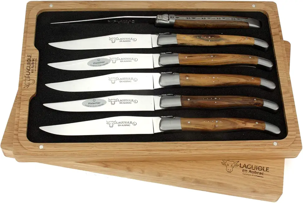 Laguiole en Aubrac Luxury Fully Forged Full Tang Stainless Steel Steak Knives 6-Piece Set, Pistachio Wood Handles, Stainless Steel Brushed Bolsters