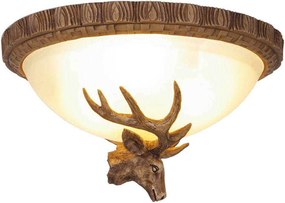 Vintage Rustic Antlers Ceiling Light 16-inch Faux Deer Head Resin Ceiling Lamp Glass Shade Ceiling Lighting Fixture for Bedroom Living Room Farmhouse Loft