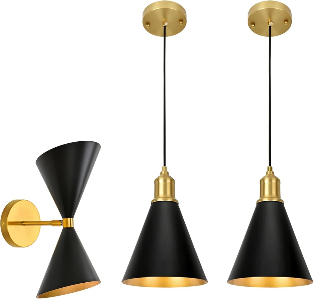 Black and Gold Lights Series of Mid Century Modern Wall Sconce (1pcs) & Modern Black Pendant Lights Kitchen Island (2pcs)