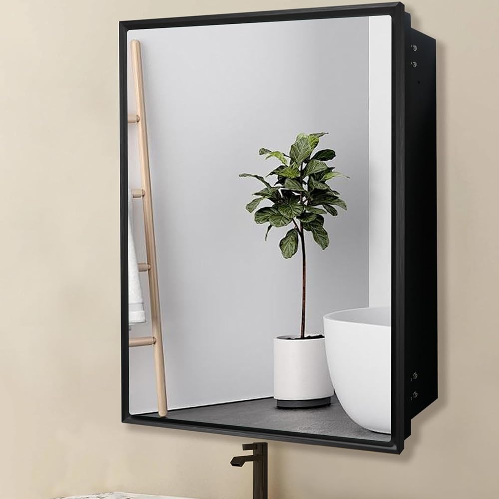 Bathroom Medicine Cabinet with Mirror, Recess or Surface Mount Bathroom Vanity Mirror Cabinet,Single Door Cabinet Famerhouse Bathroom Mirror with Storage Cabinet (Brush Black, 24