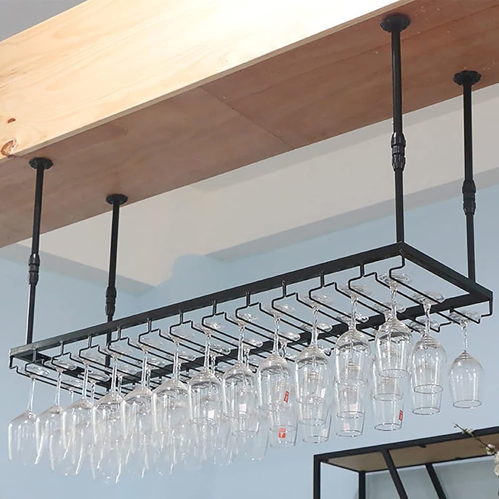 Rustic Iron Wine Glass Holder, Ceiling Black Rack, Adjustable Height, Wine Glass Storage Rack, Creative Champagne Cup Holder, for Kitchen Restaurant/Color/100Cm