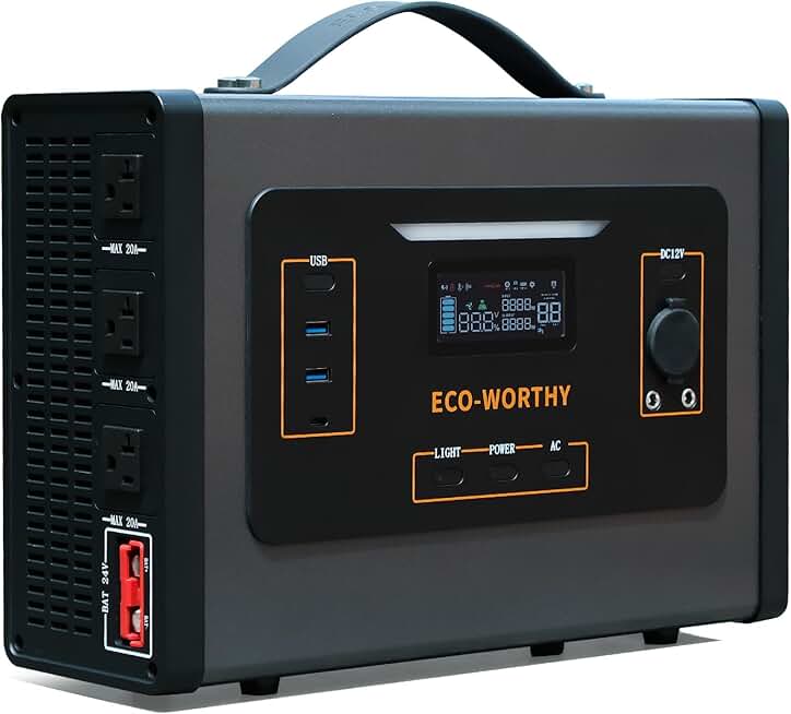 ECO-WORTHY 2000W Portable Inverter Charger,25A MPPT Solar Controller 600W Solar panles Input for 24V LiFePO4 Lithium Battery for Off-Grid Household Outdoor Camping