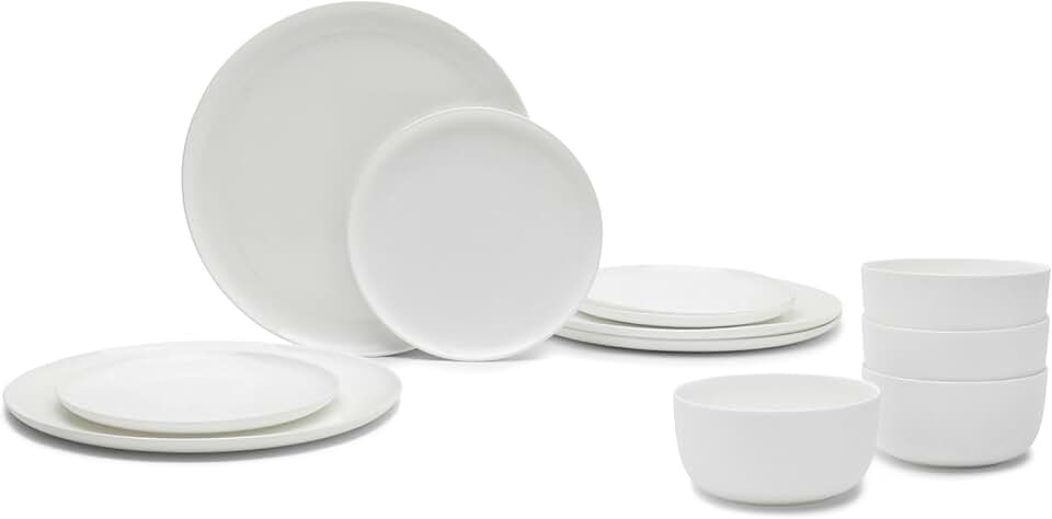 Serax 12-Piece Dinnerware Set for 4 | Base tableware by Piet Boon | 4 Small White, 4 Plates, 4 Pasta Bowls | Porcelain Home Kitchen Essentials Sets | Dishware and Dishes | Utensils