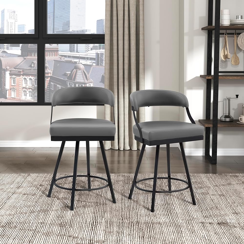 Lexicon Swivel Counter Height Bar Stools Set of 2, Counter Height Bar Stools for Kitchen Island, Kitchen Stools with Backs, Black Metal Finish and Grey Faux Leather Cushion Seat, Grey