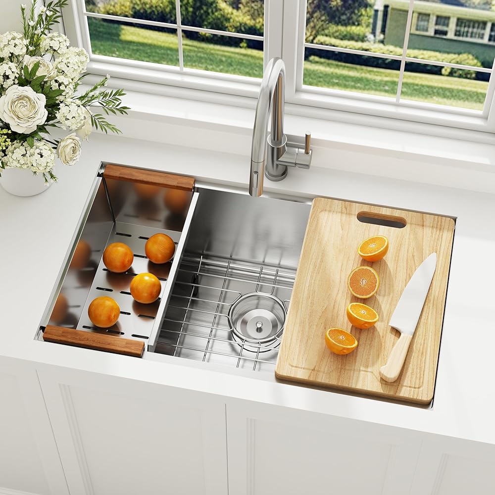 32 Inch Stainless Steel Kitchen Sink, 16 Gauge Workstation Undermount Kitchen Sink with Ledge, 304 Stainless Steel Rectangular Sinks, Accessories Included