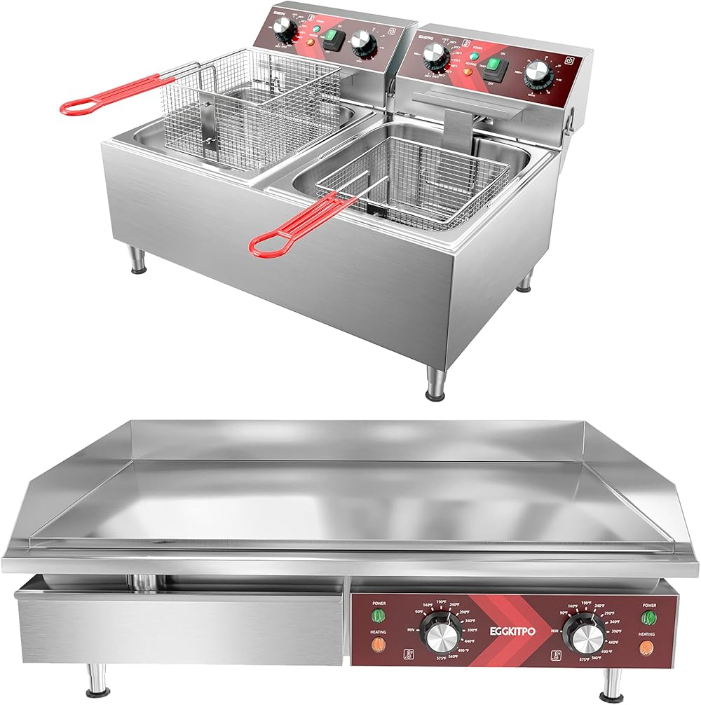10L×2 Commercial Deep fryer with Timer and 2 Baskets Dual Tank Fryer(120v 3600w) and 29 Inch Large Commercial Electric Griddle(240v 3500w)