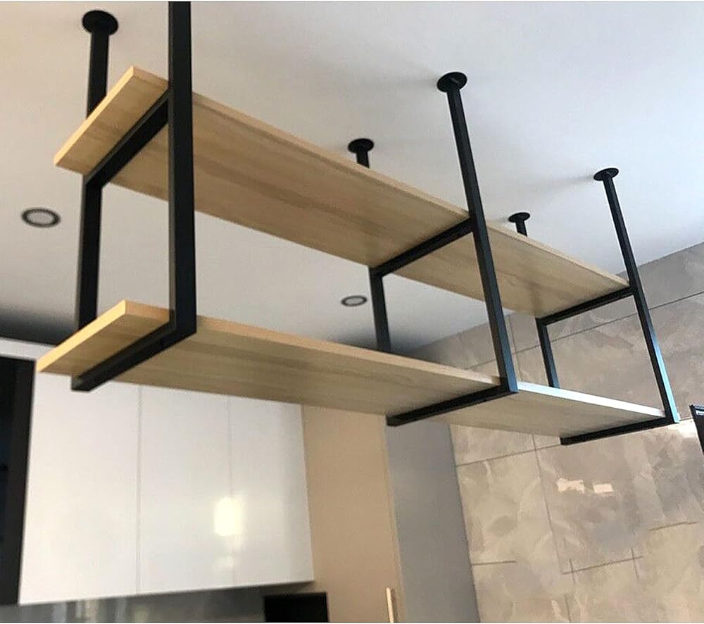 Pot Pan Rack Kitchen Wine Rack Ceiling Mount | Floating Shelves/Hanging Shelf Hanger Organiser Storage Shelving Tray Holder, Wooden and Metal Iron, Black (Size : 150x30x80cm)