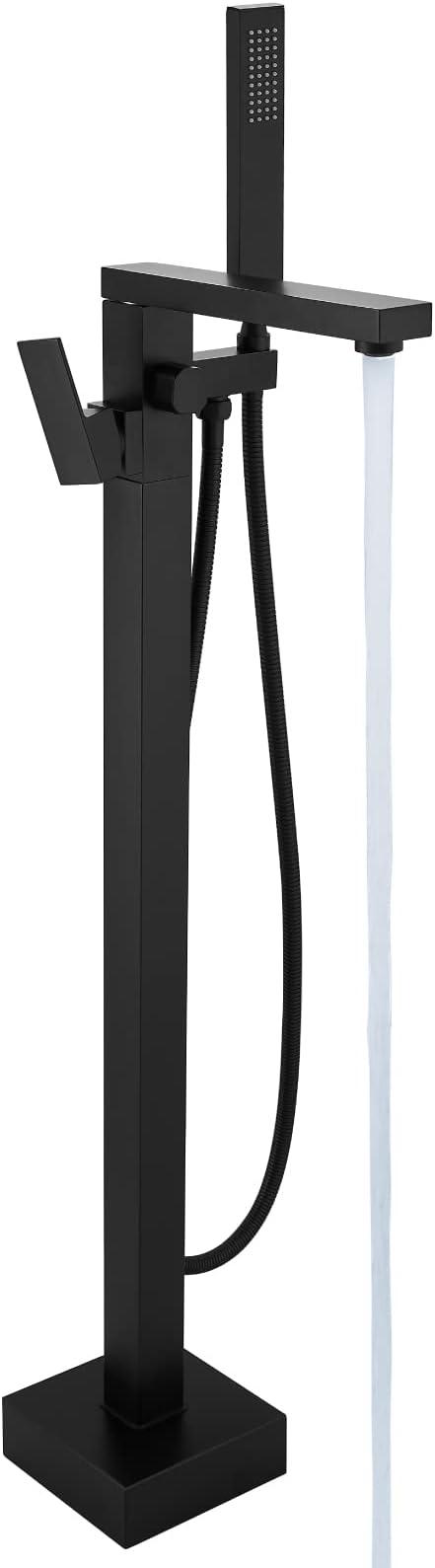 gotonovo Black Freestanding Bathtub Faucet Floor Mount Tub Filler Single Handle Brass Tap with Hand Shower and 360 Degree Swivel Spout