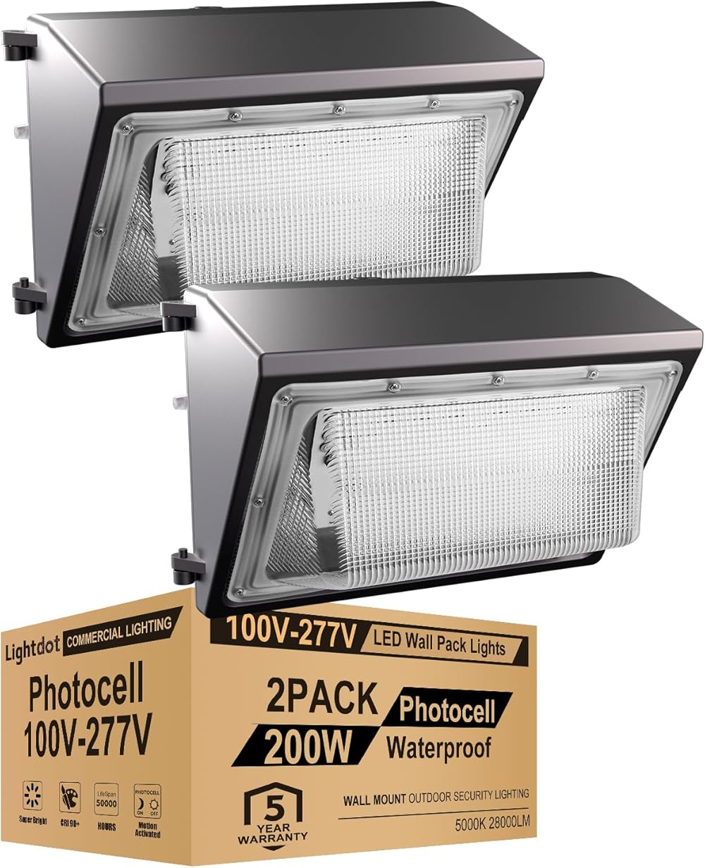 2Pack 200W LED Wall Pack Lights, 100-277v Dusk to Dawn with Photocell, 28000Lm 5000K Daylight IP65 Waterproof Wall Mount Outdoor Security Lighting Fixture, Energy Saving