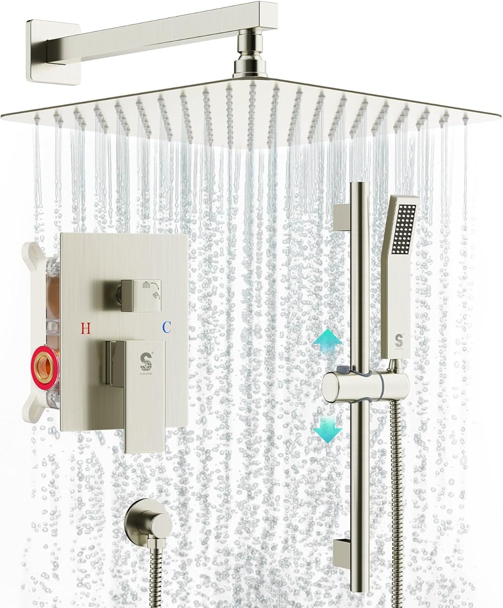SR SUN RISE 12 Inch Square Shower System, Rain Shower Head and Slide Bar Handheld Shower Faucet Wall Mounted Combo Set Included Valve and Trim Kit for Bathroom, Brushed Nickel