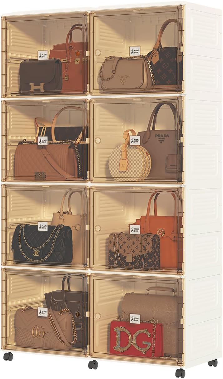 8 Cubbies Handbag Storage Organizer for Closet,Purse Storage Organizer,Shoe&Boots Cabinet Storage with Magnetic Door and Wheels,Suitable for Storing Antiques,Books,Toys Etc.