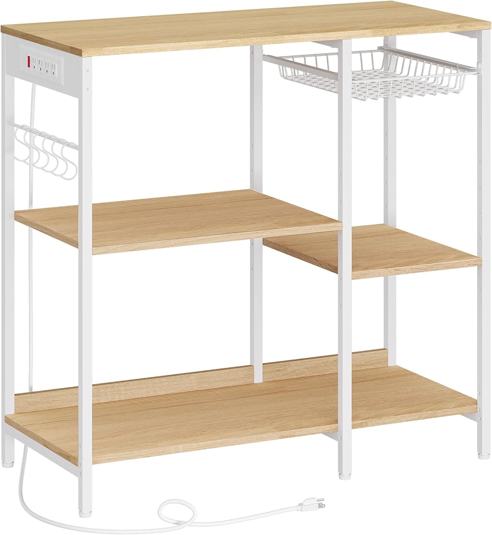 Baker's Rack, Coffee Bar Stand with Charging Station, Storage Shelves, Pull-Out Wire Basket, Table for Microwave, Kitchen, Oak Beige UKKS036Y09, 15.7 x 35.4 x 35.6 Inches