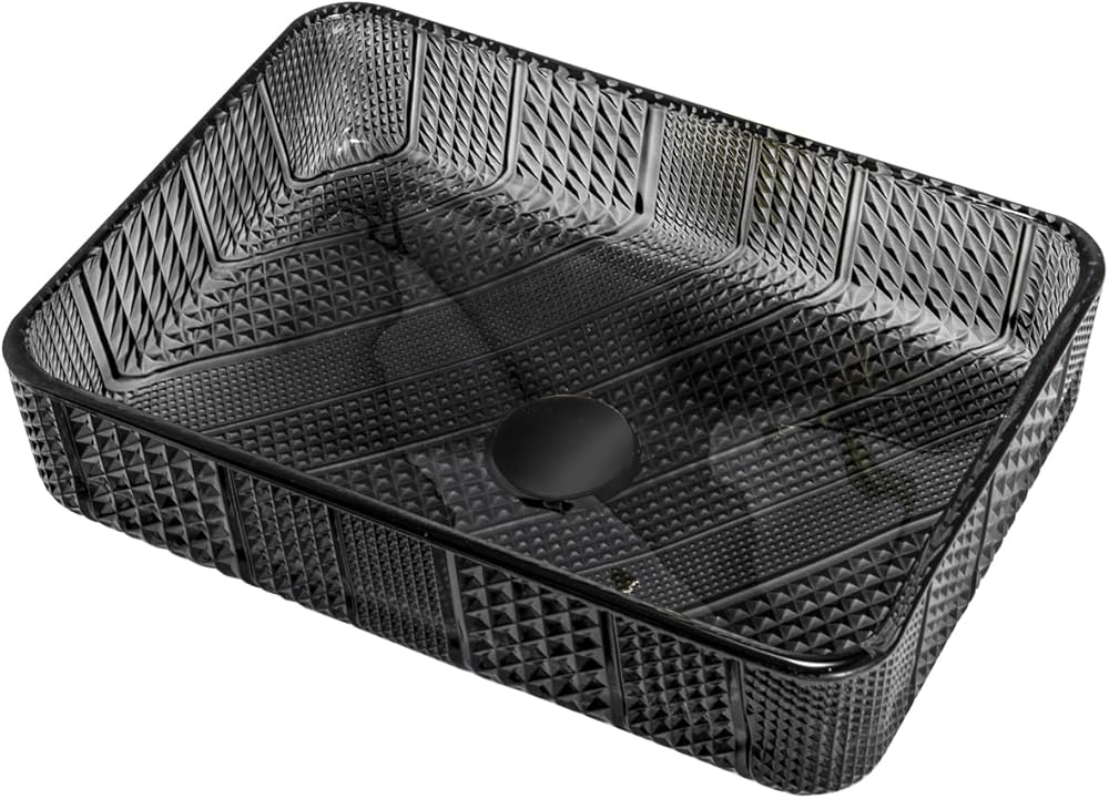 Black Bathroom Vessel Sink, Artistic Crystal Glass Sink Bowl with Pop Up Drain Set, Rectangular Countertop Vanity Vessel Sink, Above Counter Basin, 18.1X12.9X3.9Inch