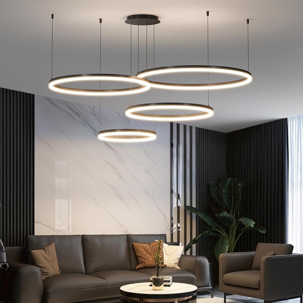Modern LED Pendant Light 4Ring Dimmable 3000k-6000k, Ceiling Chandelier Light with Remote Control Dimmable 3 Color Mode & Brightness Ceiling Lamp