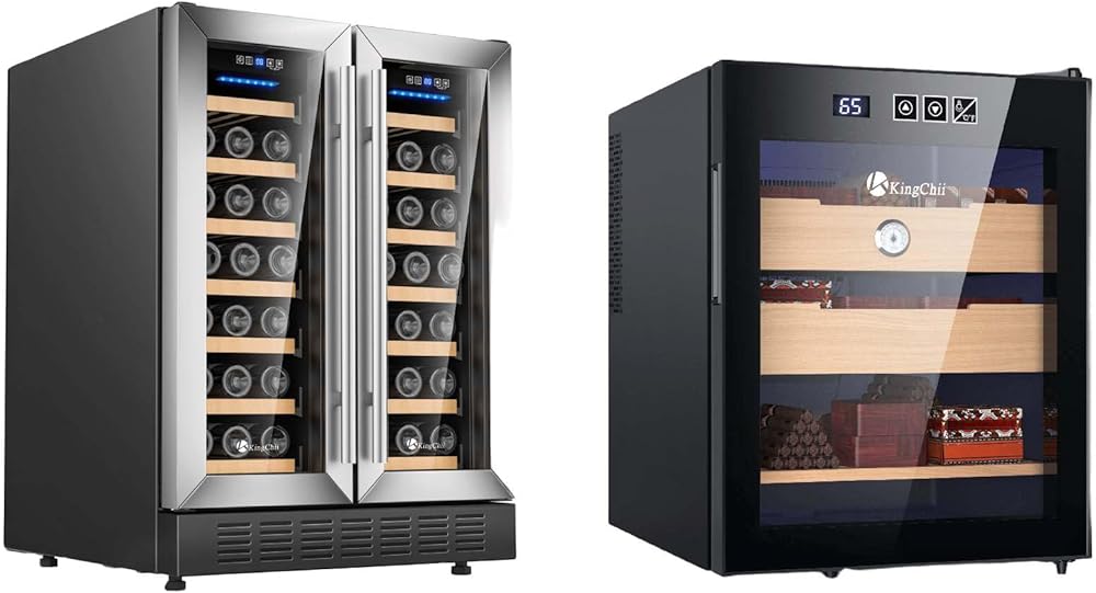 KingChii 24 Inch 34 Bottle Dual Zone Wine Cooler Refrigerator + 48L Electric Cigar Humidors Cooling & Heating Control System, Humidor Cabinet with Spanish Cedar Wood Shelves(3 Layers 350 Capacity)