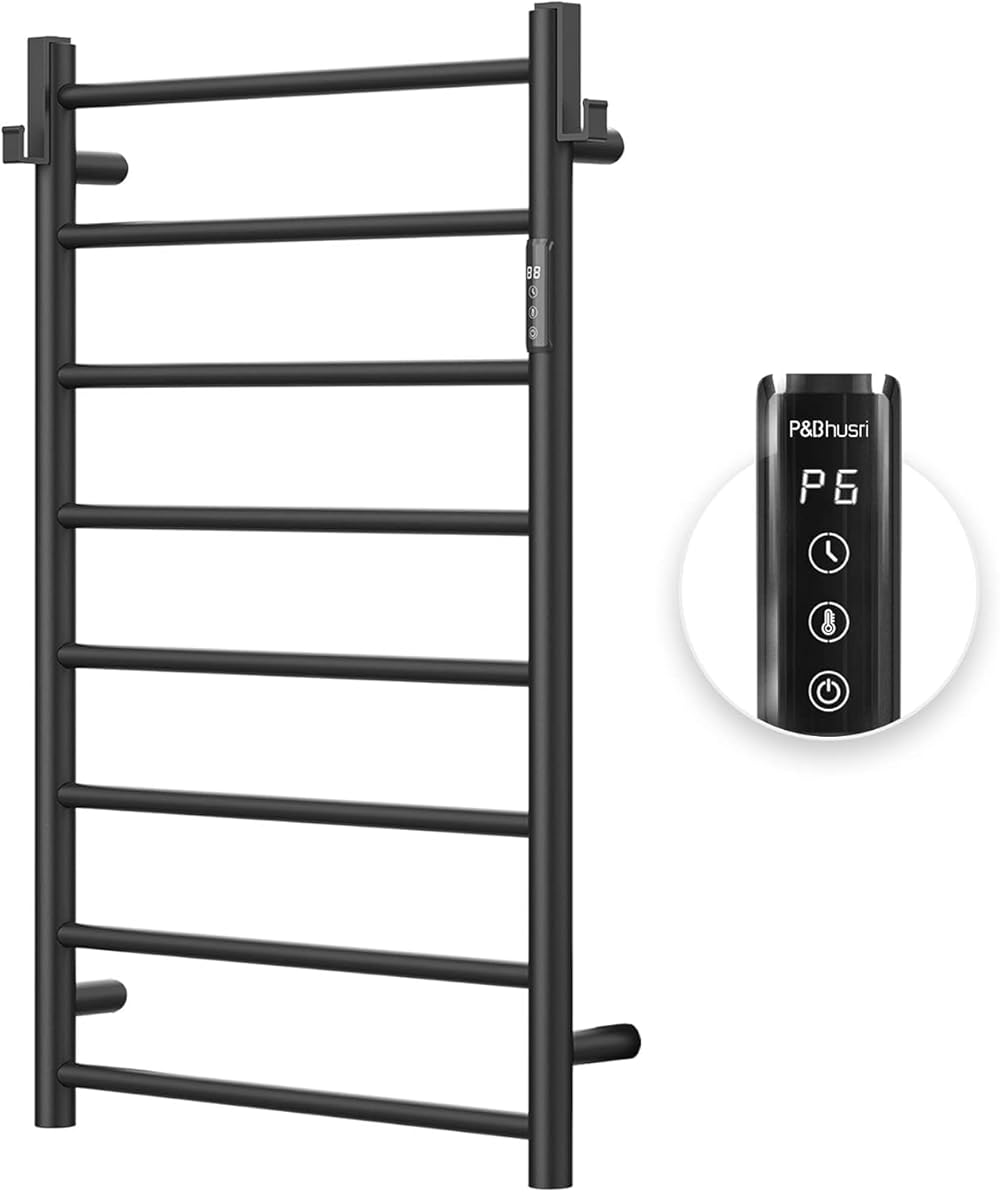 P&Bhursri Heated Towel Rack for Bathroom,Wall Mounted Electric Towel Rack with Timer and LED Indicator, 8-Bar Towel Warmer, Stainless Steel Matte Black, Hard-Wired/Plug-in