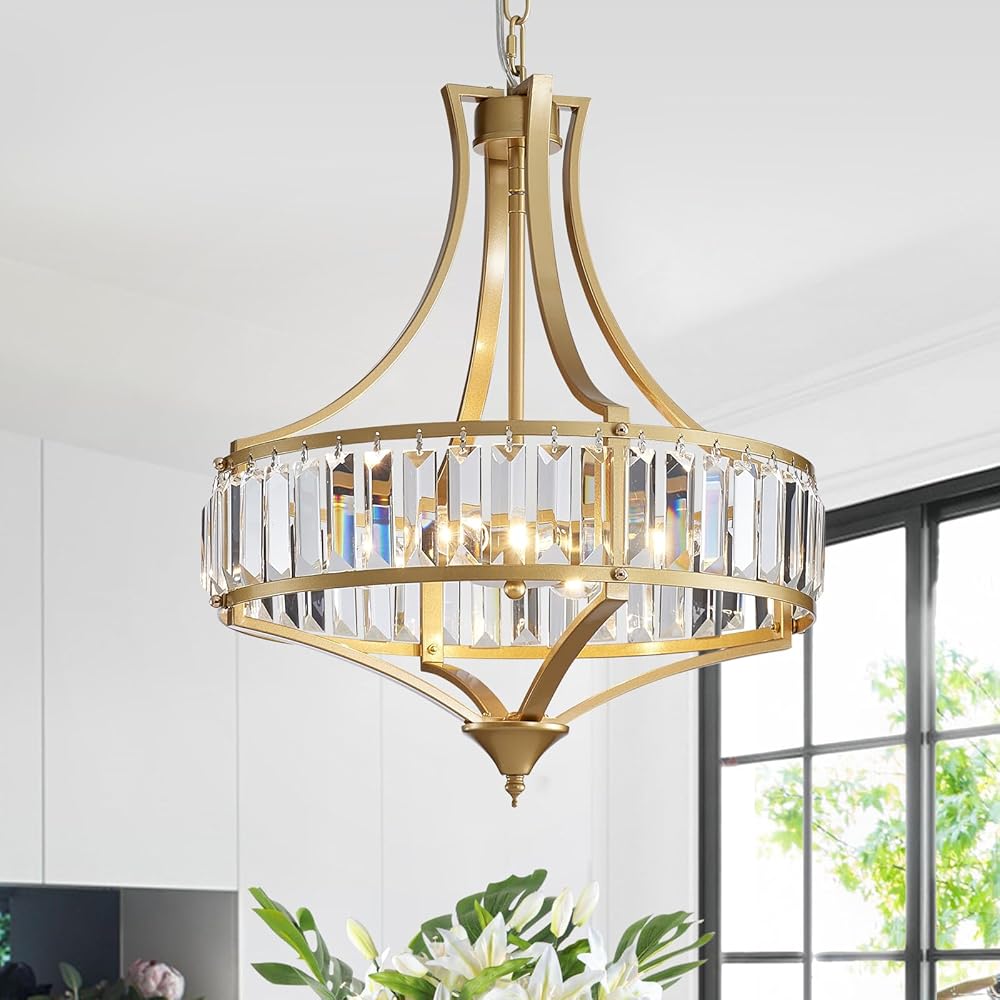 Modern Gold Chandelier, Crystal Pendant Lighting Fixtures, 15.7 Inches Height Adjustable Metal Shade Ceiling Light Suitable for Living Room Kitchen Island Dining Room Bedroom