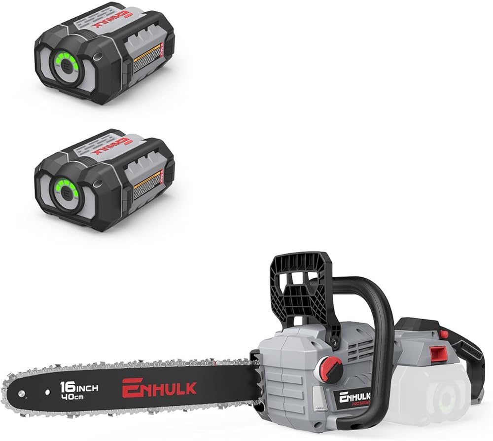 58V 16-INCH ENHULK Brushless Chainsaw with Chain Brake for Safety, 78.8 ft./s Max Chain Speed with EZ HMI LED Control Panel, 2PCS 2.5Ah Battery and Charger Included