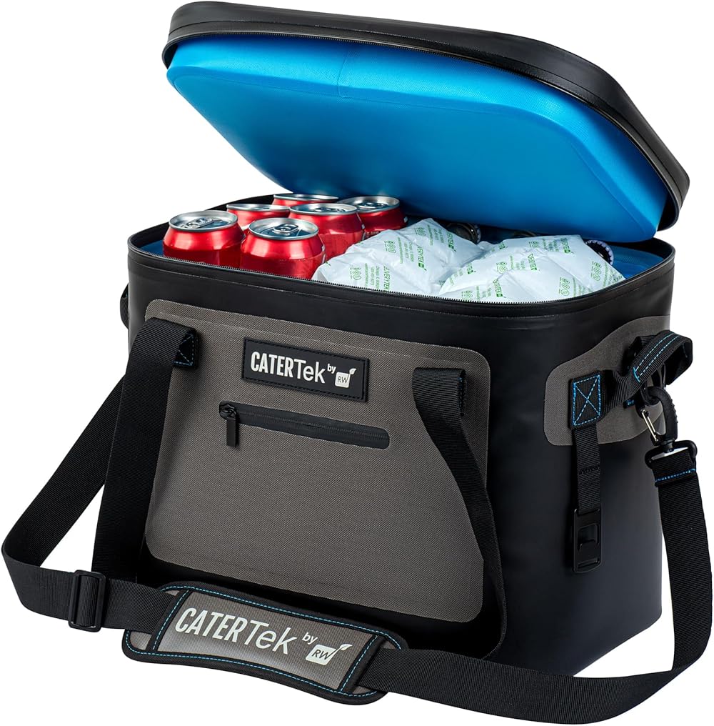 Restaurantware - Cater Tek Soft Cooler Insulated Bag, 1 Portable Bag for Catering - Holds 30 Cans, with Bottle Opener, Black and Gray Plastic Grocery Shopping Bags, Leakproof with Zipper, for Lunch