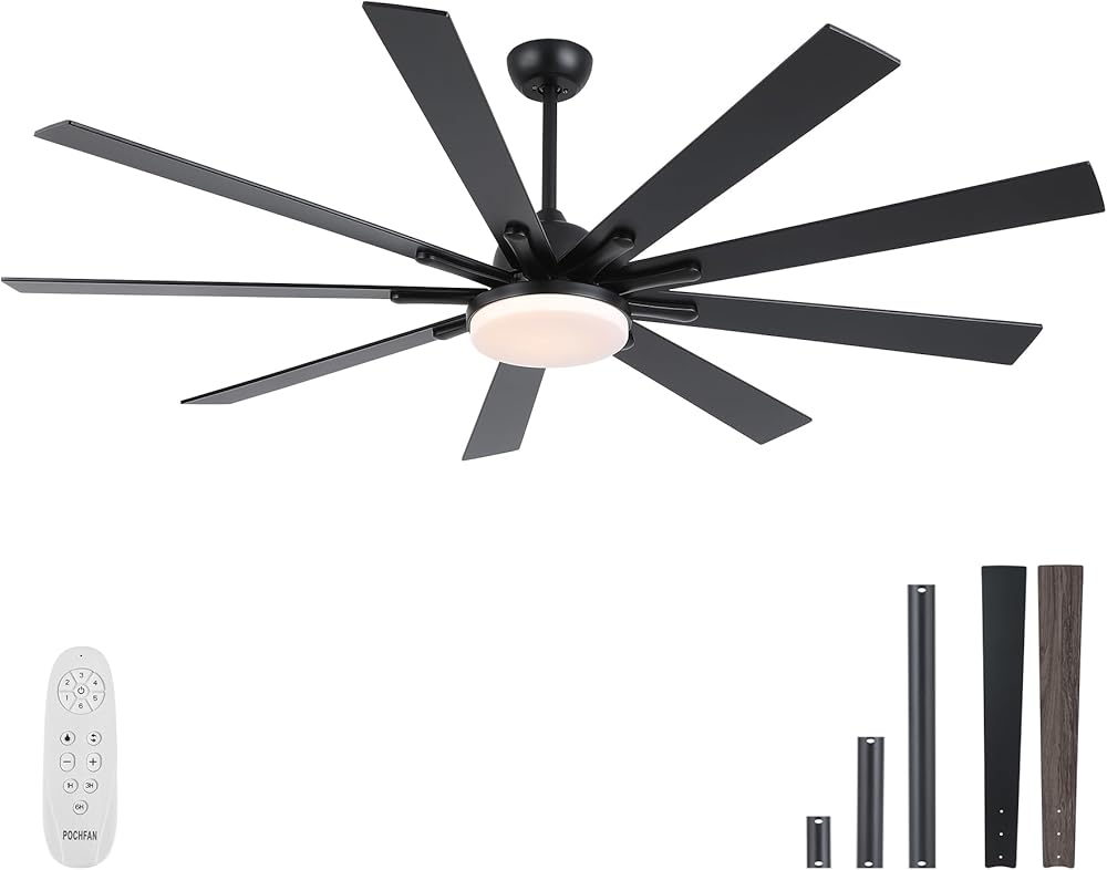 72 inch Ceiling Fans with Lights and Remote Control, Large Modern Black Ceiling fan with 9 Wooden Blades for Indoor or Outdoor Patio, Quiet DC Motor, 3 CCT Dimmable,6 Speed