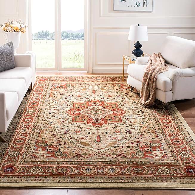 SAFAVIEH Lyndhurst Collection Area Rug - 8' Square, Ivory & Rust, Traditional Oriental Design, Non-Shedding & Easy Care, Ideal for High Traffic Areas in Living Room, Bedroom (LNH330R)