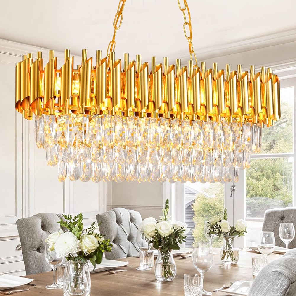 Modern Crystal Chandeliers for Dining Room 8-Light Gold Crystal Chandelier Living Room Oval Contemporary Ceiling Hanging Light Pendant Light Fixture for Kitchen Island Bar Restaurant L32
