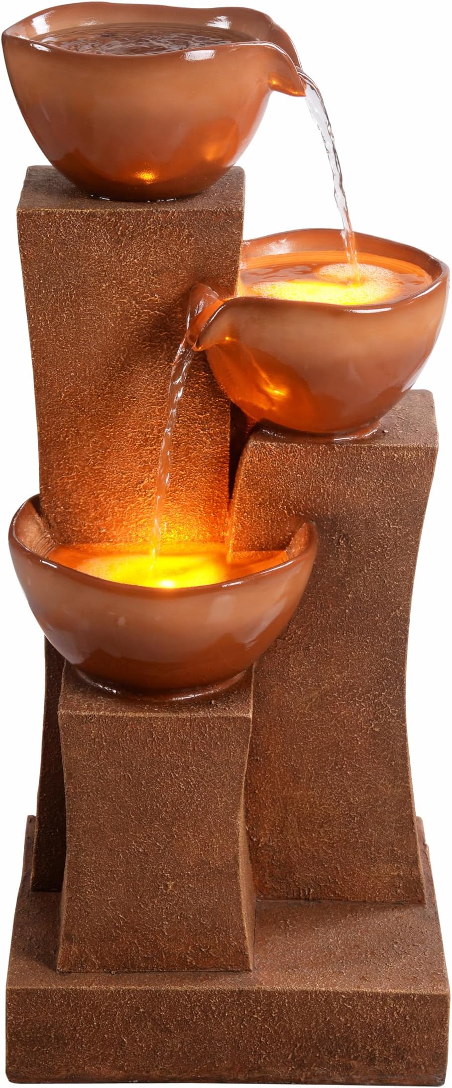 Teamson Home 28.54 in. 3-Tier Cascading Outdoor Water Fountain with LED Lights for Gardens, Landscaping, Patios, Balconies, Lawns, Brown