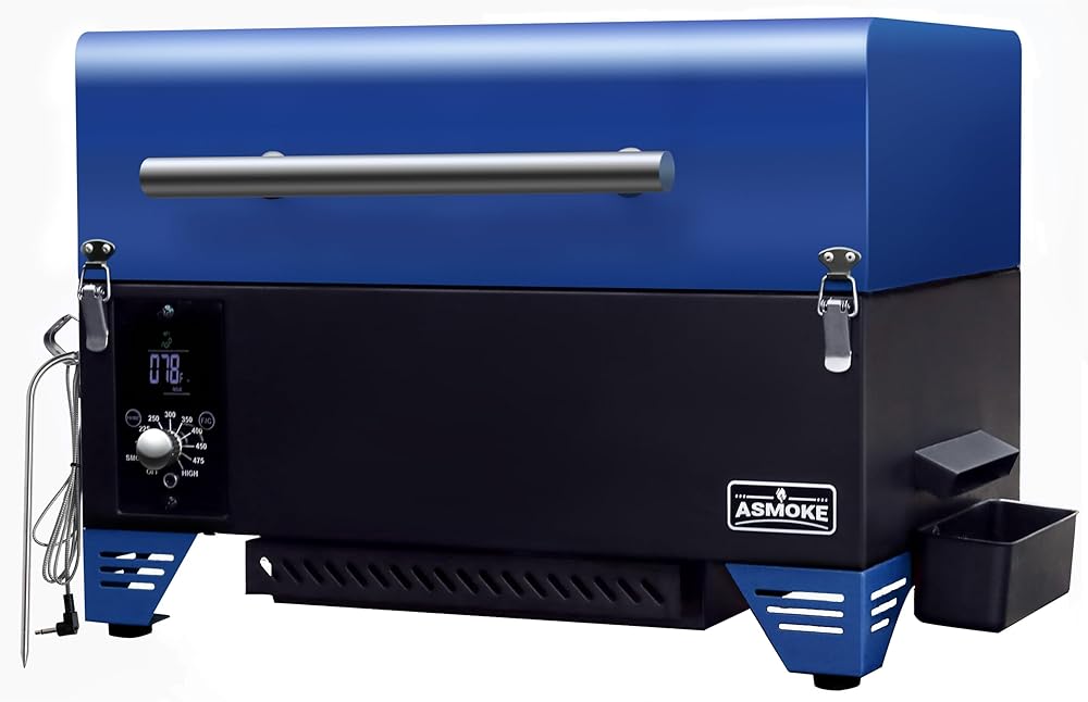 ASMOKE Portable Pellet Smoker Grill - AS350 256 sq. Pellet Smoker Grill w/Meat Probe, ASCA System™ Pellet Grill, Easy to Clean Portable Smoker, Auto Temp Control 8-In-1 Small Table Top Smoker, Blue