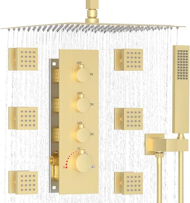 Enga Luxury Brushed Gold Shower System, 16 Inch Rain Shower Head with Body Spray Thermostatic Shower Faucet Set, Can Use All Functions At a Time (Volume Adjustable)