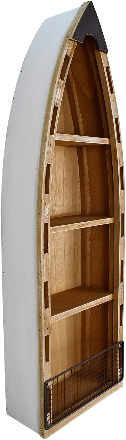 Wood Boat Shelf Decor Wall Hanging Nautical Beach Theme Display Boat with 3 Shelves Standing Boat Shelf Wooden Boat Shelf Nautical Home Decor 31.5 Inch
