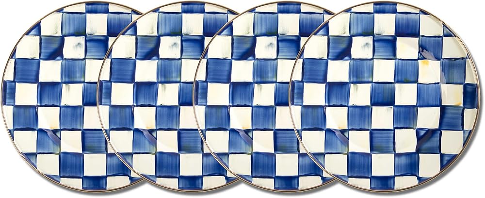 MACKENZIE-CHILDS Enamel Dinner Plate, Decorative Dinnerware Plate, 10 Inches, Set of 4, Blue-and-White Royal Check