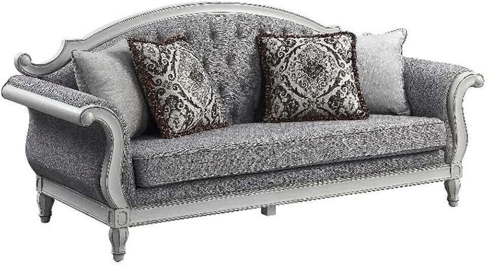 Acme Furniture Florian Tufted Fabric Sofa with 4 Pillows in Gray/Antique White