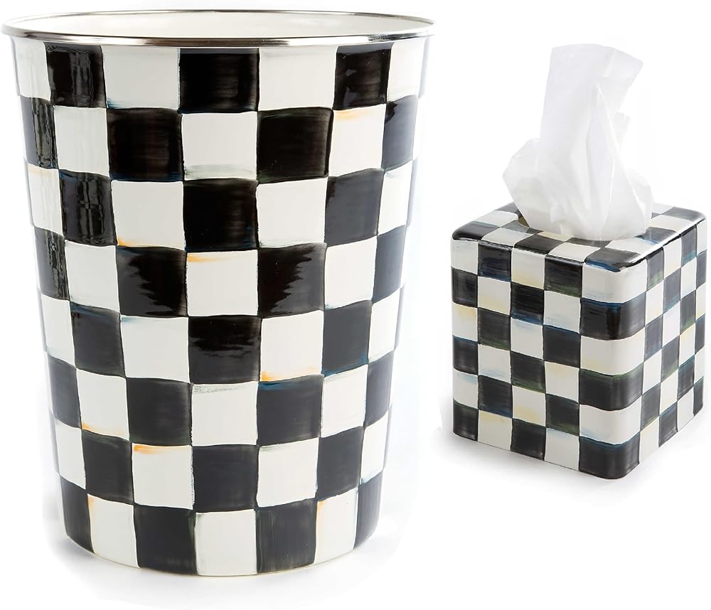MACKENZIE-CHILDS Enamel Square Tissue-Box Cover and Waste-Bin Set, Tissue Holder and Wastebasket for Bathroom or Home Decor, Black-and-White Courtly Check