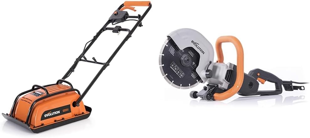 Evolution Hulk Electric Compactor Plate & R230DCT - 9 in Concrete Saw (Aka Circular, Angle Grinder, Cut Off/Chop Saw, Demo Saw, Disc/Power Cutter) - 15A Motor, No Gas - 3-1/2 In Cut
