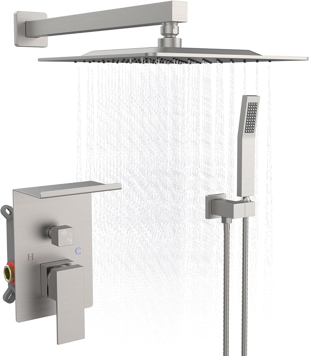 Rainfall Shower System With Storage Rack ?10 inch Shower Faucet Set Brushed Nickel with High Pressure with Square Shower Head Luxury Shower Set Wall Mount