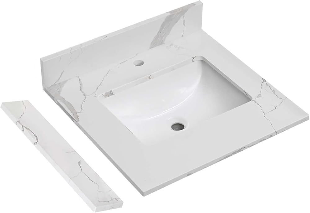 24 in.W x 22 in.D Quartz Calacatta River Vanity Top,with Undermount Middle Sink Vanity Top,with One Sidesplash & One Backsplash,Single Faucet Hole Spread Bathroom Vanity Sink Countertop