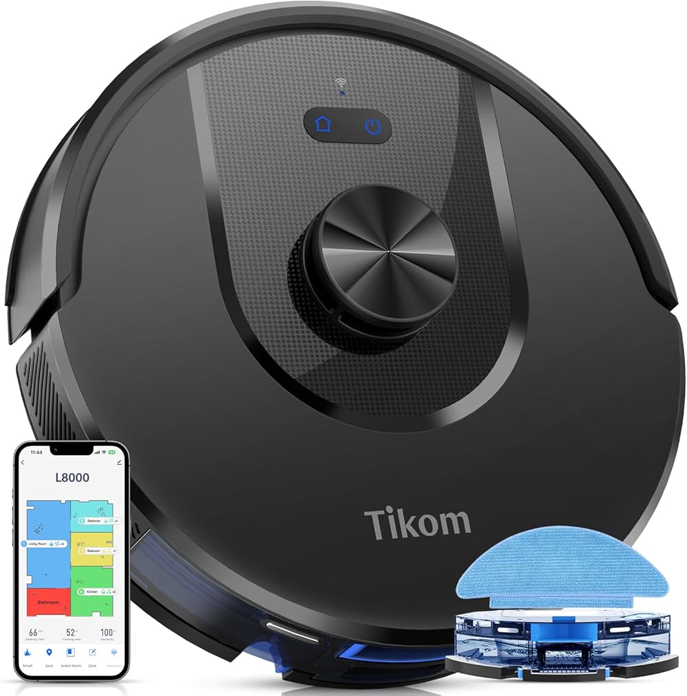 Tikom Robot Vacuum and Mop, L8000 Laser LiDAR Navigation Robotic Vacuum, 3000Pa Suction, 150Mins Max, 45dB, 14 No-Go Zones, 20 Virtual Walls, Self-Charging, Good for Pet Hair, Carpet, Hard Floor