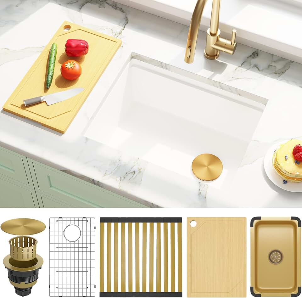 MILOSEN White Undermount Kitchen Sink, 23×18 Inch Wet Bar or Prep Sink, Granite Composite 9 Inch Workstation Sink, Deep Under Counter Single Bowl Utility Sinks With Accessories